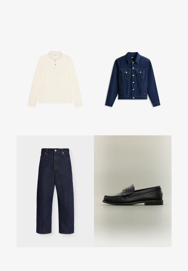 Dunkelblaue Jeansjacke mit vorderer Knopfleiste, zwei Brusttaschen mit Klappen und Knöpfen sowie Seitentaschen, auf weißem Hintergrund dargestellt.; Langärmliges Polohemd in Creme, mit flachem Kragen, einer drei-Knopf-Leiste mit goldfarbenen Knöpfen und einem weichen, strukturierten Stoff.; Dunkelblaue Jeans mit geradem Bein, vorderen Taschen, Gürtelschlaufen und Knopfverschluss an der Taille, auf einem einfarbigen Hintergrund dargestellt.; Schwarzer Leder-Slipper mit niedrigem Absatz, goldener Schnalle und geprägtem Markennamen an der Seite vor neutralem Hintergrund.