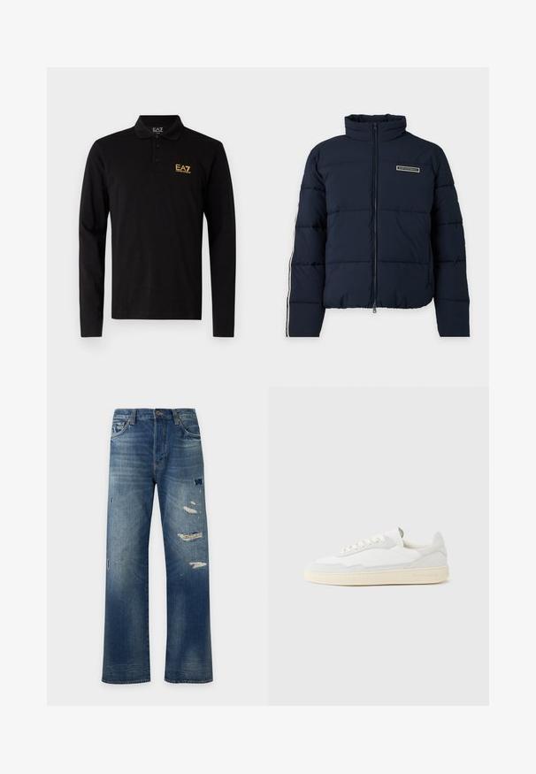Veste matelassée bleu marine avec col montant, fermeture éclair devant, logo de marque sur la poitrine et détail de bande de marque sur les manches.; Polo shirt noir à manches longues en coton, doté d'une patte de boutonnage à trois boutons et d'un logo brodé jaune contrastant sur la poitrine.; Jean en denim bleu coupe droite avec des zones délavées et plusieurs patches usés sur l'avant des cuisses et des genoux.; Baskets blanches avec dessus en daim et cuir texturé. Caractérisées par un bout arrondi, une fermeture à lacets et une semelle en caoutchouc beige contrastante.