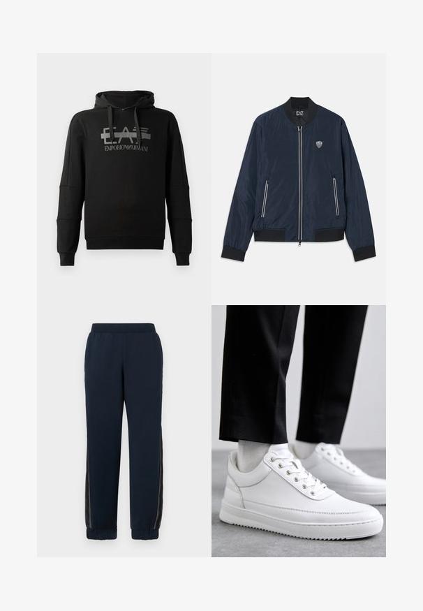 Marineblaue Bomberjacke aus glattem Nylon. Sie verfügt über einen Reißverschluss, gerippte Bündchen und Saum, seitliche Taschen und ein kleines Logo auf der Brust.; Schwarzer Kapuzenpullover mit einem auffälligen grauen Grafiklogo "EA7 Emporio Armani". Hergestellt aus weichem Stoff, mit langen Ärmeln und einer lockeren Passform.; Navy Sweatpants mit weichem Material, schmal zulaufenden Bündchen und Netzseiteneinsätzen. Elastischer Bund für Komfort und legere Passform.; Weiße Leder-Sneaker mit flacher Gummisohle, ausgestattet mit einer glatten Oberfläche, runder Zehenpartie und Metallösen für die Schnürsenkel. Getragen mit schwarzen Hosen.