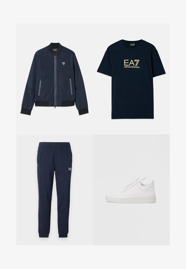 Marineblå bomberjakke lavet af glat nylon. Har lynlås foran, ribbede manchetter og kant, sidelommer og et lille logo på brystet.; Marineblå bomulds T-shirt med et guld logo print "EA7 EMPORIO ARMANI" på brystet, korte ærmer og rund halsudskæring.; Mørkeblå sweatpants med elastisk talje og manchetter. Har et lille hvidt logo på venstre ben. Fremstillet af et blødt, strækbart materiale.; Hvid lædersneaker med rundet tå, flad sål og snørebånd foran. Har syningsdetaljer og polstret krave for komfort.