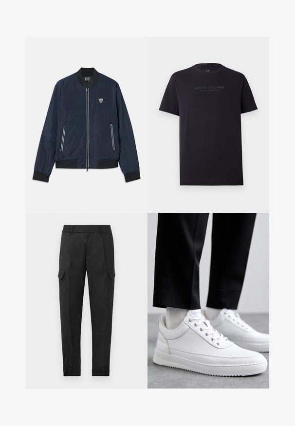 Chaqueta bomber azul marino hecha de nylon suave. Cuenta con un cierre de cremallera frontal, puños y bajo acanalados, bolsillos laterales y un pequeño logo en el pecho.; Camiseta de algodón negra de manga corta, con cuello redondo y un ajuste ligeramente relajado. Presenta "ARMANI EXCHANGE MILANO / NEW YORK" en texto gris oscuro.; Pantalones cargo negros con una cintura elástica, pierna ajustada, bolsillos laterales y un solo bolsillo cargo en el muslo izquierdo. Textura suave.; Zapatillas de cuero blanco con una suela de goma plana, que presentan un acabado suave, punta redonda y ojetes de metal para los cordones. Llevadas con pantalones negros.