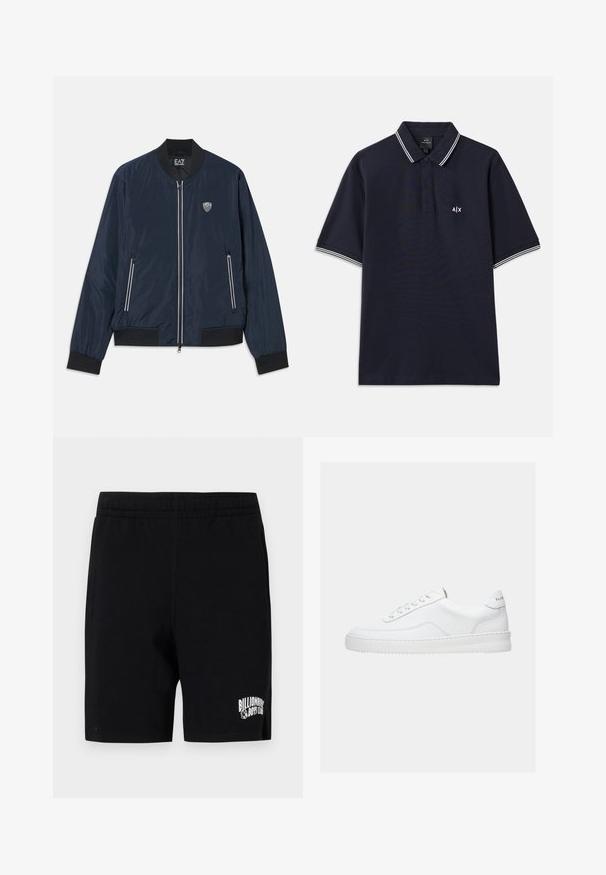 Marineblå bomberjakke lavet af glat nylon. Har lynlås foran, ribbede manchetter og kant, sidelommer og et lille logo på brystet.; Marineblå poloshirt lavet af bomuld med klassisk krave, to-knaps placket og hvide stribede accenter på ærmerne. Lille logo på brystet.; Sorte shorts lavet af blød bomuldsblanding med elastisk talje, med et hvidt logo på venstre ben og sidelommer.; Hvid lavt sneaker med snørelukning, glat læderoverdel og tyk sål, vist fra siden på en ensfarvet baggrund.