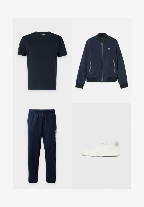 Chaqueta bomber azul marino hecha de nylon suave. Cuenta con un cierre de cremallera frontal, puños y bajo acanalados, bolsillos laterales y un pequeño logo en el pecho.; Camiseta de color azul marino hecha de algodón, con mangas cortas, cuello redondo y detalles texturizados en los hombros. Logo en la parte inferior izquierda.; Pantalones de chándal azul marino con cintura elástica, piernas ajustadas y un logo blanco en el lateral. Tejido suave con una textura ligera.; Zapatilla blanca de corte bajo con pestaña en el talón gris, cordones blancos y suela texturizada, presentada sobre un fondo claro y liso.