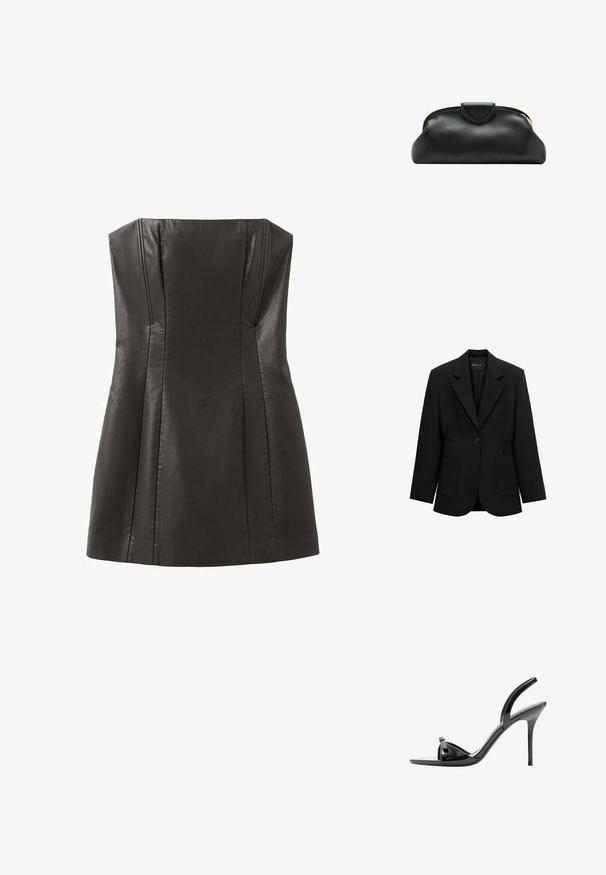 Blazer noir à un bouton avec revers crantés, deux poches plaquées avant et taille froncée, présenté sur un fond blanc.; Robe noire en cuir sans bretelles avec un corsage ajusté, des plis et une texture lisse. Présente un décolleté droit et une jupe évasée.; Sandale noire en cuir verni à talon haut avec talon aiguille fin, bout ouvert et fine bride sur le dessus du pied et autour de la cheville.; Pochette en cuir noire avec armature métallique dorée et fermeture pression sur fond blanc.