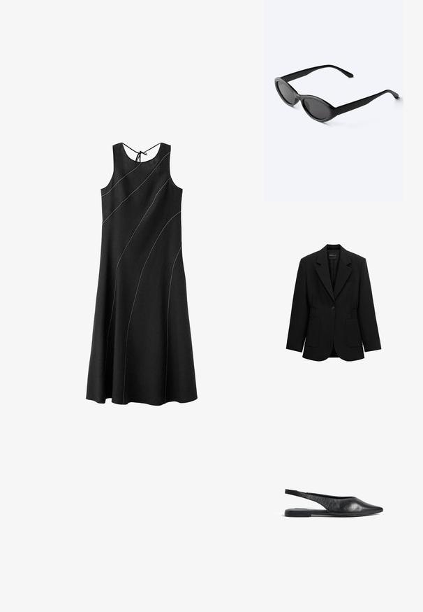 Blazer negro de un solo botón con solapas de muesca, dos bolsillos parche frontales y detalle de cintura fruncida, mostrado sobre un fondo blanco.; Vestido midi negro sin mangas con patrones curvos de costuras blancas y cierre con lazo en la parte posterior del escote.; Bailarinas de piel negra con tira en el talón y punta afilada, de diseño minimalista. Cuentan con un perfil elegante y un tacón delgado para mayor estabilidad.; Gafas de sol ovaladas negras y elegantes con lentes oscuras y patillas rectas, reposando sobre una superficie blanca.