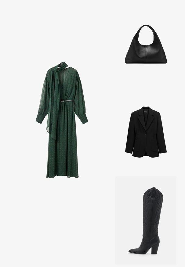 Zwarte blazer met één knoop, opstaand revers, twee voorzakken en taille met geplooide details, afgebeeld op een witte achtergrond.; Lange groene jurk met een bloemenpatroon, voorzien van een striknek, volumineuze mouwen en een riem die de taille accentueert. Gemaakt van lichtgewicht stof.; Zign by Zalando LEATHER - Cowboy-/Bikerlaarzen - black; Zwarte handtas van getextureerd leer met brede basis en dikke afgeronde handgrepen, met een centrale verticale naad en subtiele stikdetails.
