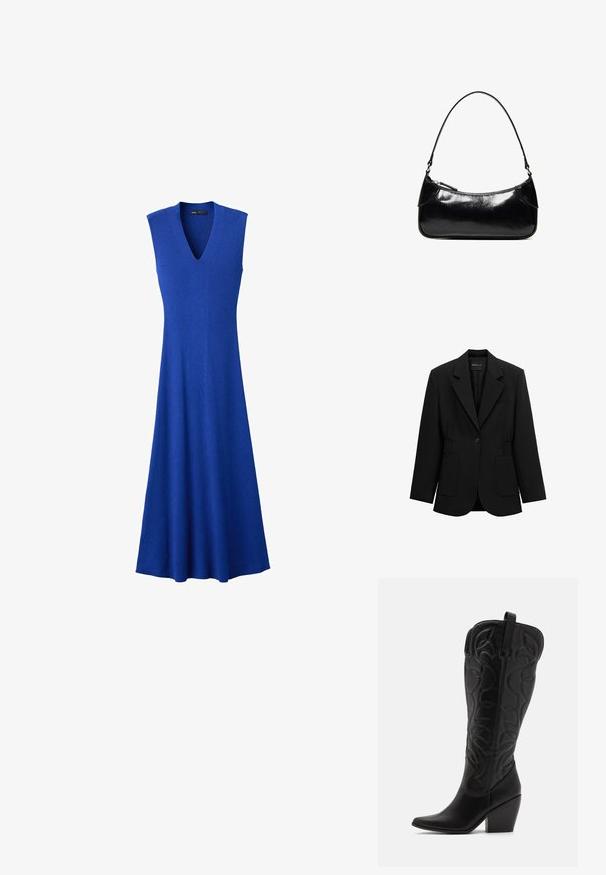 Blazer noir à un bouton avec revers crantés, deux poches plaquées avant et taille froncée, présenté sur un fond blanc.; Robe tricotée bleu roi sans manches avec col en V et jupe midi évasée, présentée sur fond blanc.; Bottes hautes en cuir noir jusqu'aux genoux avec bout pointu et talon empilé. Caractéristiques de coutures décoratives et éléments de design courbés.; Sac à épaule en cuir noir brillant avec un seul compartiment zippé et une fine bandoulière arquée.