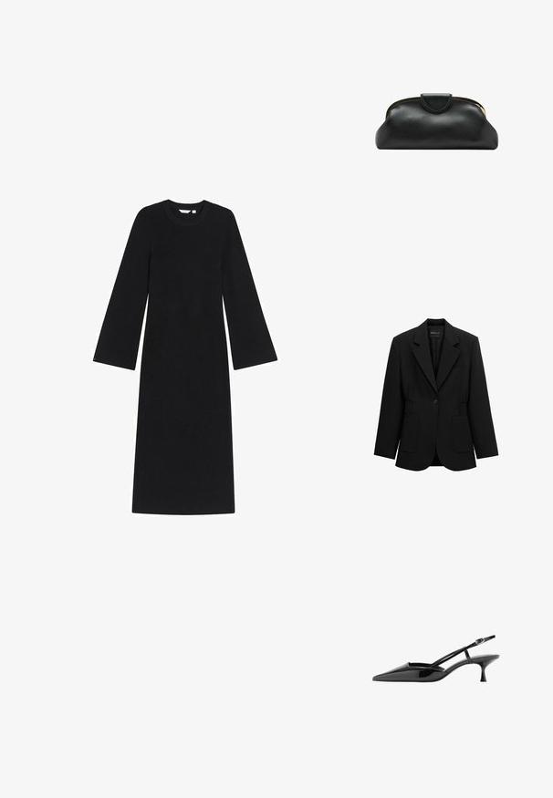 Zwarte blazer met één knoop, opstaand revers, twee voorzakken en taille met geplooide details, afgebeeld op een witte achtergrond.; Geribbelde zwarte jurk met een ronde halslijn, lange uitlopende mouwen en een rechte silhouet, gemaakt van een zachte, gestructureerde stof.; Zwarte lakleren pumps met een puntige neus, kittenheel, dunne enkelbandje en gouden gesp.; Zwarte leren clutch met gouden metalen frame en drukknoopsluiting op een witte achtergrond.