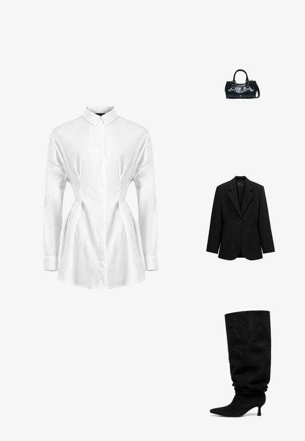 Blazer noir à un bouton avec revers crantés, deux poches plaquées avant et taille froncée, présenté sur un fond blanc.; Chemise blanche à manches longues en tissu lisse, avec une fermeture à boutons à l'avant, un col pointu et des détails froncés sur les côtés pour un effet épuré.; Botte haute noire en cuir suédé décontractée avec bout pointu et talon fin de hauteur moyenne sur fond blanc.; Sac à main en cuir noir avec deux poignées supérieures, boucles décoratives et une bandoulière amovible sur fond blanc.