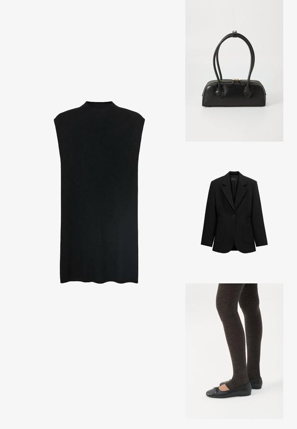 Sort enkelt-knap blazer med hakket revers, to forlommer med lapper og detaljeret taljesamling, vist på en hvid baggrund.; Sort ærmeløs tunika med høj halsudskæring, blødt stof, løs pasform og lige silhuet. Nederste kant er let buet.; Ben iført mørke ribbede leggings kombineret med sorte balletsko med små sløjfedetaljer på hvid baggrund.; Sort læder håndtaske med to langstrakte håndtag, lynlåslukning og afrundet form; glat tekstur med en subtil blank finish.
