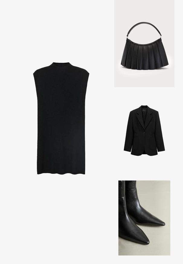 Blazer noir à un bouton avec revers crantés, deux poches plaquées avant et taille froncée, présenté sur un fond blanc.; Tunique noire sans manches avec un col montant, tissu doux, coupe ample et silhouette droite. L'ourlet est légèrement arrondi en bas.; Bottines en cuir noir avec un bout pointu, texture lisse et design épuré. Détails de couture visibles sur la partie supérieure.; Sac noir plissé en simili cuir, avec une anse incurvée et une fermeture éclair sur le dessus. Texture lisse avec un design structuré.