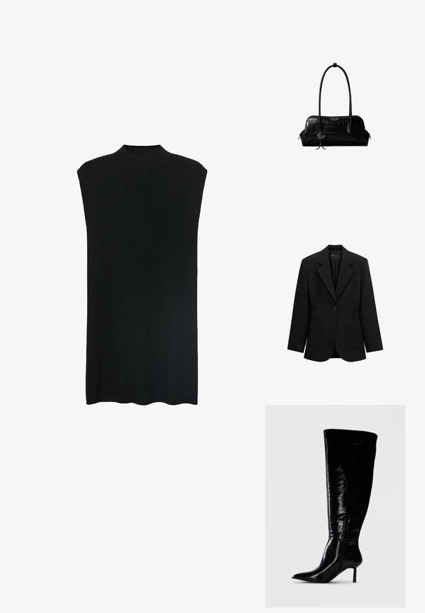 Zwarte blazer met één knoop, opstaand revers, twee voorzakken en taille met geplooide details, afgebeeld op een witte achtergrond.; Zwarte mouwloze tuniek met een hoge halslijn, zachte stof, losse pasvorm en een rechte silhouette. De zoom is aan de onderkant licht gebogen.; Zwart laarsjes tot de knie met een glanzende, krokodillenpatroon afwerking. Puntige neus en dunne hak; beschikt over een zijrits als sluiting.; Zwarte schoudertas van leer met krokodillenstructuur, lange banden en een klein zilveren logohanger aan één band.