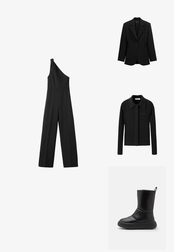 Blazer noir à un bouton avec revers crantés, deux poches plaquées avant et taille froncée, présenté sur un fond blanc.; Combinaison noire asymétrique sans manches avec pantalon à jambes larges et détail noué sur l'épaule.; Cardigan en maille noire avec col plat, fermeture à boutons, manches côtelées et poche poitrine. Caractérisé par un tissu texturé et une coupe ajustée.; Bottines en cuir noir avec un bout arrondi, une texture lisse, une semelle épaisse et une languette à l'arrière pour un enfilage facile.