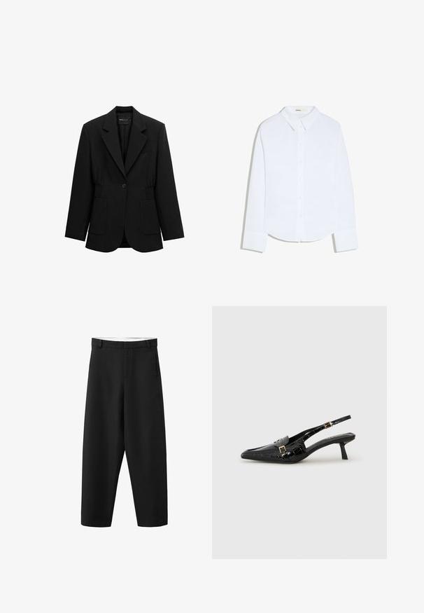 Blazer noir à un bouton avec revers crantés, deux poches plaquées avant et taille froncée, présenté sur un fond blanc.; Chemise blanche à manches longues avec boutons, col et poignets, ourlet légèrement arrondi, présentée sur un fond blanc uni.; Pantalon noir à jambes droites avec passants pour ceinture, fermeture éclair à l'avant, et un design épuré et simple, adapté pour une tenue formelle ou décontractée.; Escarpins slingback en cuir verni noir avec bout pointu, texture crocodile, accents de boucles dorées et talon bas.