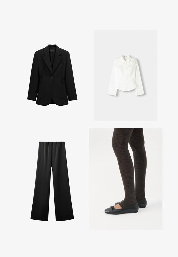 Blazer noir à un bouton avec revers crantés, deux poches plaquées avant et taille froncée, présenté sur un fond blanc.; Chemise blanche à manches longues en coton. Dotée d'un col pointu, d'une fermeture à boutons sur le devant et d'un ourlet arrondi. Texture lisse, design minimaliste.; Pantalon noir à jambes larges avec une ceinture élastique, fabriqué en tissu lisse, présenté à plat sur un fond blanc.; Jambes portant des leggings côtelés foncés associés à des ballerines noires avec de petits détails en nœud sur fond blanc.