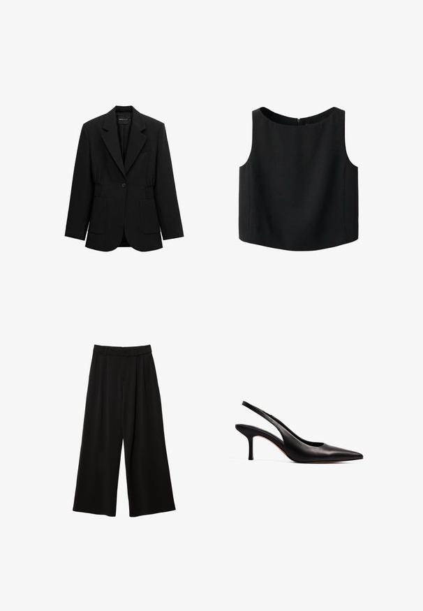 Schwarzer Blazer mit einem Knopf, Reverskragen, zwei aufgesetzten Taschen vorne und tailliertem Design, dargestellt auf weißem Hintergrund.; Schwarzes ärmelloses Oberteil mit rundem Ausschnitt und glatter Stoffstruktur. Verfügt über einen dezenten Reißverschluss am Rücken und einen geraden Saum.; Schwarze Hose mit weitem Bein, Gürtelschlaufen, vorderer Knopfleiste und Seitentaschen, auf weißem Hintergrund dargestellt.; NA-KD Pumps - black