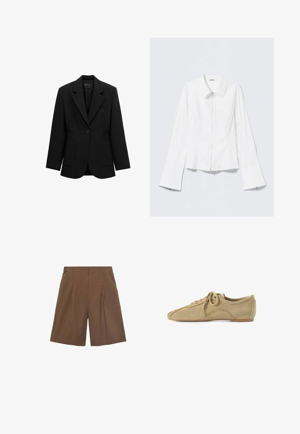 Zwarte blazer met één knoop, opstaand revers, twee voorzakken en taille met geplooide details, afgebeeld op een witte achtergrond.; Wit lang mouwen shirt met een kraag en een rits aan de voorkant. Heeft uitlopende manchetten en een gladde, katoenmengseltextuur.; Bruine op maat gemaakte shorts met een vlakke voorkant, plooien en zijzakken. Gemaakt van een lichte stof, met een relaxte pasvorm en afgebiesde randen.; Beige suède schoenen met een ronde neus, platte zool en een klassiek vetersysteem. Kenmerkt zich door subtiele stiksels en een soepele textuur.