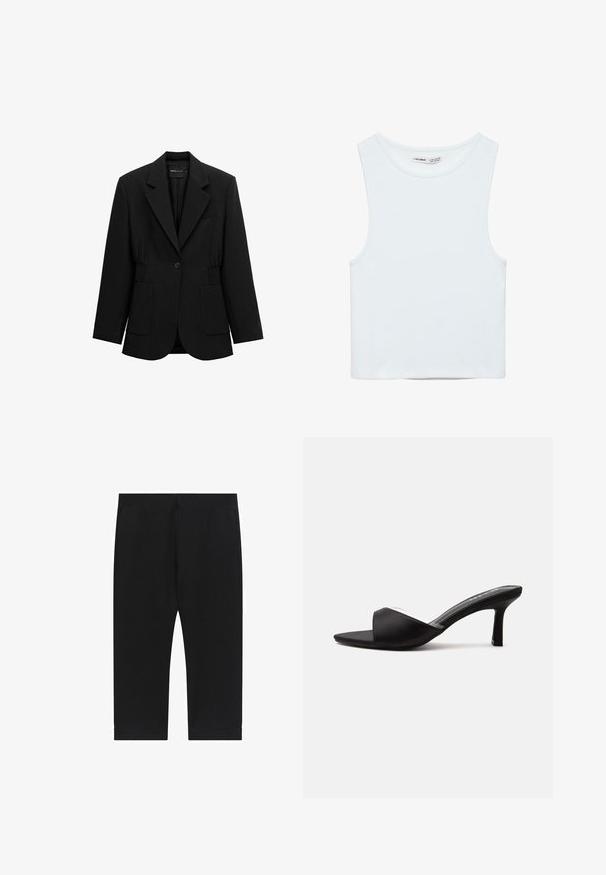 Sort enkelt-knap blazer med hakket revers, to forlommer med lapper og detaljeret taljesamling, vist på en hvid baggrund.; Hvid ærmeløs crop top med rund halsudskæring, lavet af glat stof, mærket Pull&Bear, egnet til afslappet brug.; Sorte strækbukser med en tætsiddende pasform, der har en glat tekstur og cropped længde, afsluttet med en simpel kant ved anklerne.; Sort åben-tå mule sko med en mellemhøj slank hæl og en bred rem over fronten, vist fra siden på en ensfarvet baggrund.