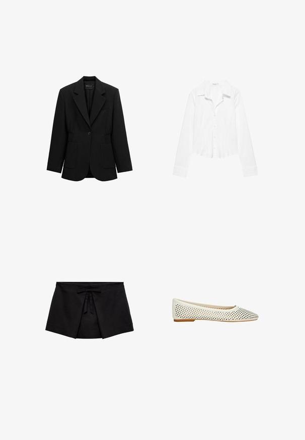 Zwarte blazer met één knoop, opstaand revers, twee voorzakken en taille met geplooide details, afgebeeld op een witte achtergrond.; Wit overhemd met lange mouwen, kraag, licht getailleerde taille en met knopen gesloten manchetten, getoond op een witte achtergrond.; Zwarte wikkelstijl minirok met voorplooidetail en een kleine strik bij de tailleband.; Witte platte schoen met spitse neus en geperforeerd ruitpatroon, voorzien van een lage tankleurige zool.
