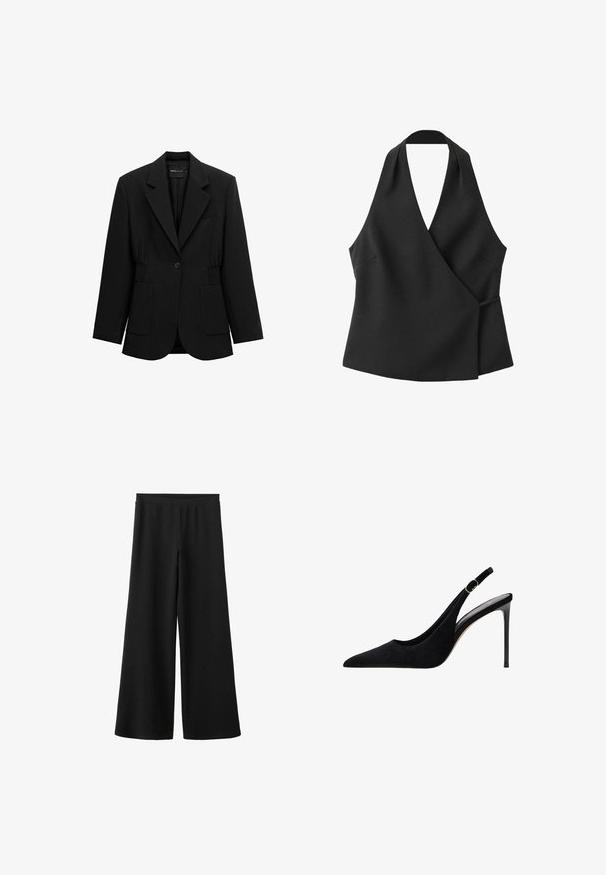 Schwarzer Blazer mit einem Knopf, Reverskragen, zwei aufgesetzten Taschen vorne und tailliertem Design, dargestellt auf weißem Hintergrund.; Schwarzes ärmelloses Wickeltop mit Neckholder-Ausschnitt und seitlicher Bindung auf weißem Hintergrund.; Schwarze Hose mit weitem Bein aus weichem Stoff, mit hohem Bund und ohne sichtbare Verschlüsse oder Taschen. Gleichmäßige glatte Oberfläche.; Schwarzer Wildleder-Slingback mit hohen Absätzen, spitzer Zehenform, dünnem Absatz und verstellbarem Riemen mit goldfarbenem Akzent.