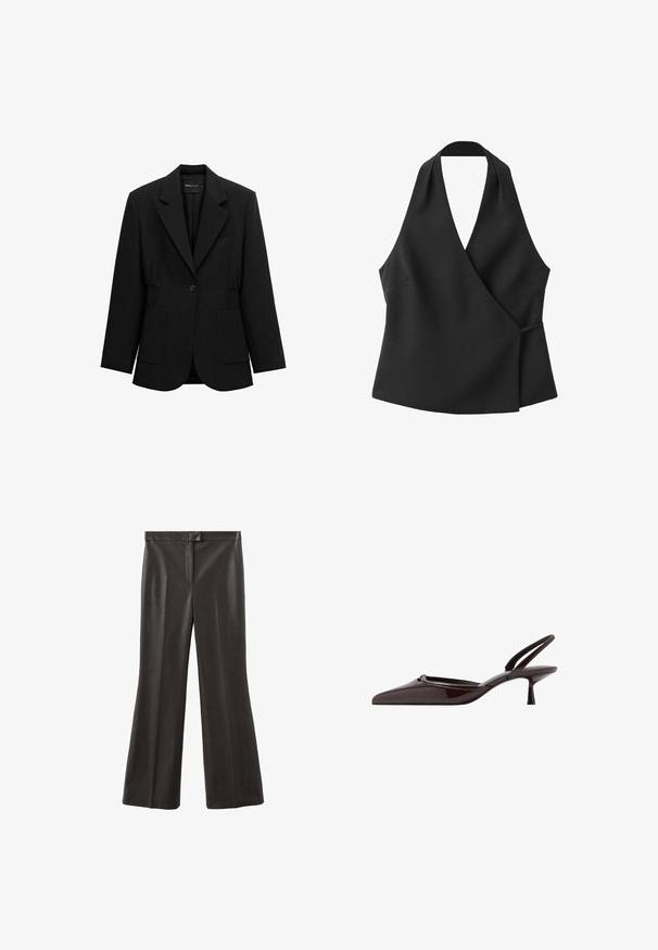 Blazer noir à un bouton avec revers crantés, deux poches plaquées avant et taille froncée, présenté sur un fond blanc.; Haut cache-cœur noir sans manches avec encolure halter et détail noué sur le côté sur fond blanc.; Pantalon en cuir noir avec une coupe évasée très large, une taille plate à l'avant, et une texture lisse et brillante. Aucun élément métallique ou motif visible.; Escarpin slingback en cuir verni marron foncé avec bout pointu et petit talon kitten sur fond blanc.