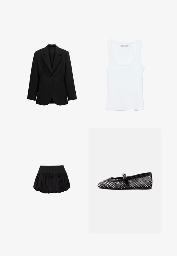 Sort enkelt-knap blazer med hakket revers, to forlommer med lapper og detaljeret taljesamling, vist på en hvid baggrund.; Hvid, ærmeløs top med rund halsudskæring, lavet af blødt stof. Mærkat indeni kraven viser mærke og størrelsesoplysninger.; Sort mini-nederdel med en struktureret talje og et voluminøst, samlede design. Lavet af letvægtsstof med en glat tekstur.; Sort flad Mary Jane-sko med sølvfarvede runde nitter, der dækker overdelen, og en tynd rem med en lille sølvspænde.