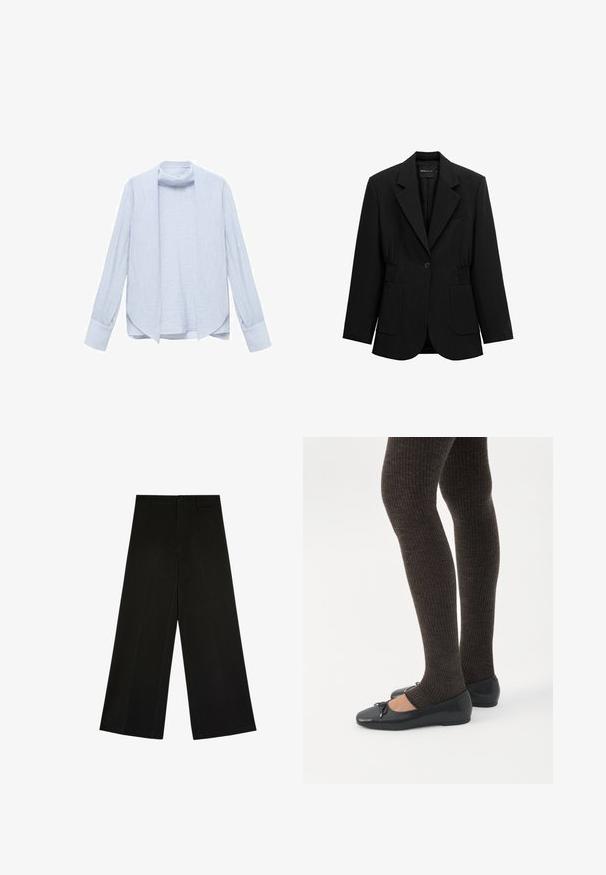 Zwarte blazer met één knoop, opstaand revers, twee voorzakken en taille met geplooide details, afgebeeld op een witte achtergrond.; Lichtblauw, langetermijnshirt van textiel met een open voorkant en een subtiele kraag. Heeft gefronste mouwen en een comfortabele pasvorm.; Zwarte wijde broek met knoop- en ritsluiting, riemlussen en voorplooi-details, plat liggend op een witte achtergrond.; Benen met donkere geribbelde leggings gecombineerd met zwarte ballerina's met kleine strikdetails op een witte achtergrond.