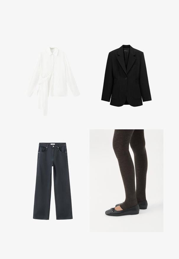 Blazer noir à un bouton avec revers crantés, deux poches plaquées avant et taille froncée, présenté sur un fond blanc.; Chemise blanche à manches longues avec col pointu et détail de nouage asymétrique en tissu sur le côté gauche.; Jean large en denim foncé à taille haute, conception à cinq poches, boutons en argent et détails de couture. Texture lisse, lignes épurées.; Jambes portant des leggings côtelés foncés associés à des ballerines noires avec de petits détails en nœud sur fond blanc.