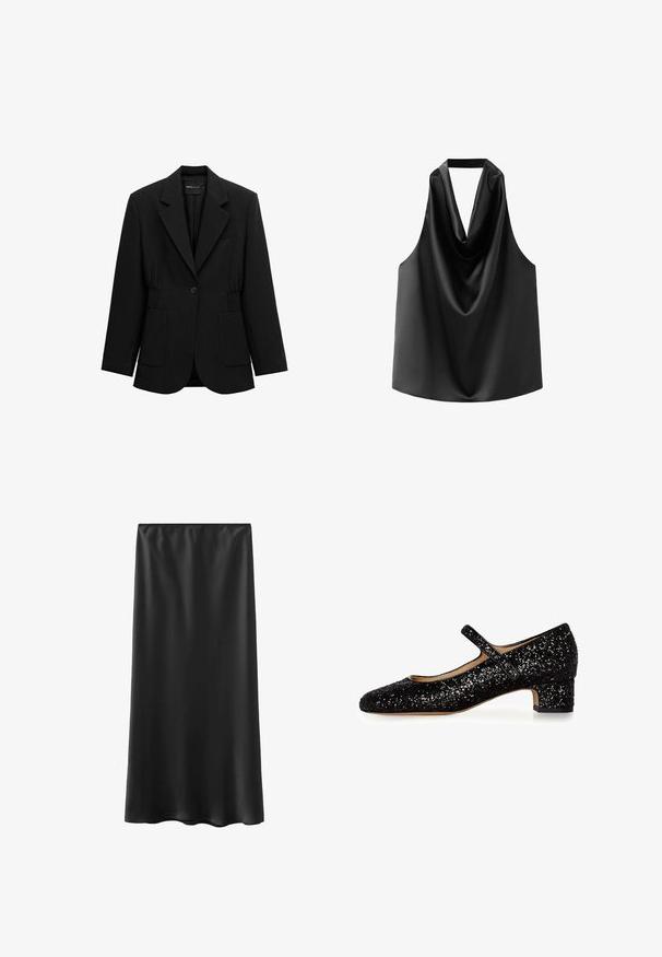 Sort enkelt-knap blazer med hakket revers, to forlommer med lapper og detaljeret taljesamling, vist på en hvid baggrund.; Sort ærmeløs top lavet af glat satin, med en draperet halsudskæring og en løs pasform med en afrundet kant. Ingen synlige detaljer eller mønstre.; Sort, gulvlængde nederdel lavet af glat, let materiale, med elastik i taljen og et enkelt design. Ingen synlige mønstre eller detaljer.; Sort glitrende Mary Jane-sko med afrundet tå, lav blokhæl og en enkelt rem hen over vristen. Tekstureret glitrende overflade hele vejen rundt.