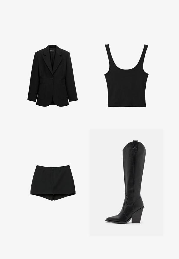 Blazer noir à un bouton avec revers crantés, deux poches plaquées avant et taille froncée, présenté sur un fond blanc.; Débardeur noir court avec de larges bretelles, fabriqué à partir d'un matériau doux, présentant une texture lisse et un design minimaliste.; Shorts noirs taille haute avec passants de ceinture, fermeture à bouton et zip caché, conçus avec un ourlet légèrement courbé.; RAID SURREY - Bottes de cowboy / motard - black