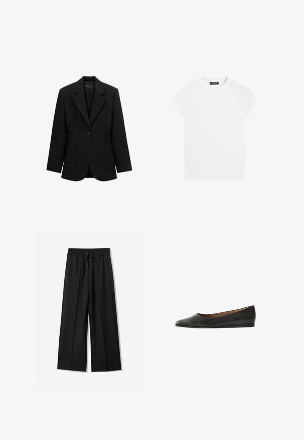 Sort enkelt-knap blazer med hakket revers, to forlommer med lapper og detaljeret taljesamling, vist på en hvid baggrund.; Hvid kortærmet T-shirt med rund halsudskæring, raglanærmer og et sort mærke inde i kraven med teksten Massimo Dutti.; Sorte bukser med bred benvidde lavet af blødt stof. Har en elastisk talje med snøre og to sidelommer. Flad front med plisseringer.; Sort flad sko med spids snude, lav hæl og glat læderoverdel, vist i sideprofil på hvid baggrund.