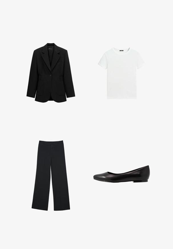 Sort enkelt-knap blazer med hakket revers, to forlommer med lapper og detaljeret taljesamling, vist på en hvid baggrund.; Almindelig hvid T-shirt med korte ærmer, rund halsudskæring og lille sort label inden i kraven.; Bredde bukser i sort stof, der har frontlommer og lukning med knap. Glat tekstur, skræddersyet pasform og fuld længde.; Sort ballette sko lavet af glat læder med rund tå og lav, flad sål. Har en glat overflade med et enkelt og strømlinet design.