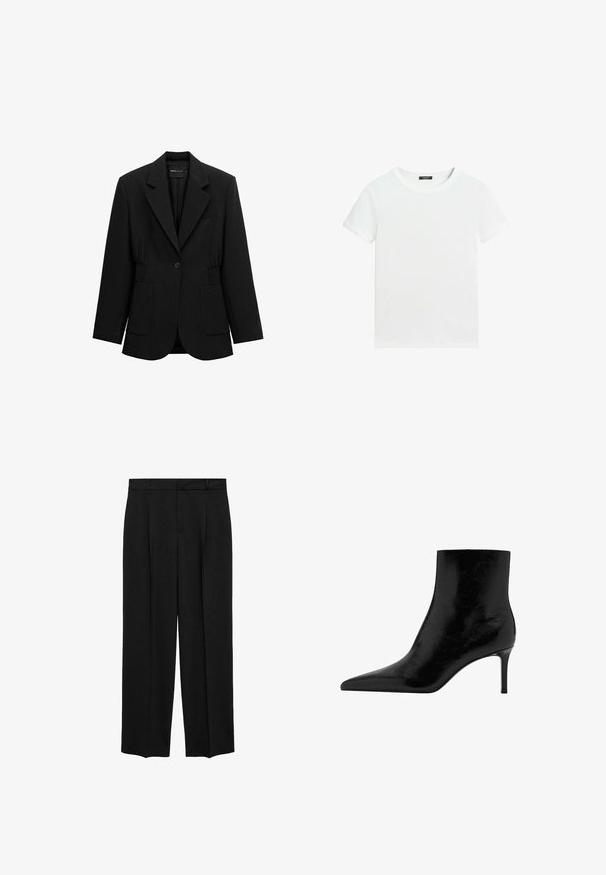 Schwarzer Blazer mit einem Knopf, Reverskragen, zwei aufgesetzten Taschen vorne und tailliertem Design, dargestellt auf weißem Hintergrund.; Schlichtes weißes T-Shirt mit kurzen Ärmeln, rundem Halsausschnitt und einem kleinen schwarzen Etikett innen am Kragen.; Schwarze maßgeschneiderte Hose mit hoher Taille, gefalteter Gestaltung, geradem Bein und glatter Stoffoberfläche. Hat Gürtelschlaufen und Seitentaschen.; Schwarze Ankle-Boots mit spitzem Design, aus glänzendem Leder gefertigt. Verfügt über einen Stiletto-Absatz und eine glatte Textur. Keine sichtbaren Verzierungen.