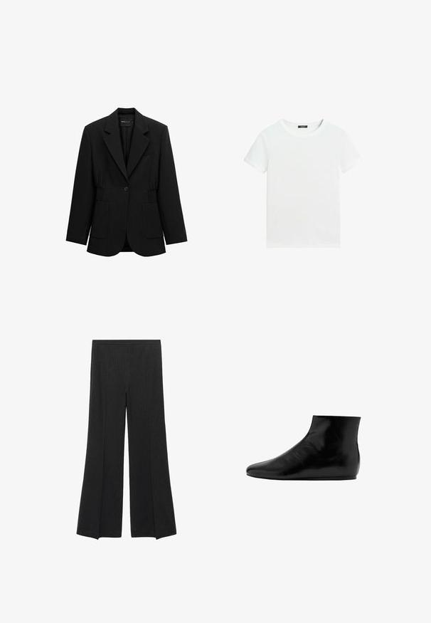 Sort enkelt-knap blazer med hakket revers, to forlommer med lapper og detaljeret taljesamling, vist på en hvid baggrund.; Almindelig hvid T-shirt med korte ærmer, rund halsudskæring og lille sort label inden i kraven.; Sorte brede bukser med diskrete lodrette striber og elastisk talje, præsenteret fladt på en hvid baggrund.; Sort læder ankelstøvle med en glat overflade, flad sål, rund tå og et minimalistisk design.