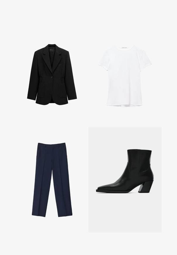 Blazer noir à un bouton avec revers crantés, deux poches plaquées avant et taille froncée, présenté sur un fond blanc.; T-shirt blanc à manches courtes en tissu lisse, avec un col rond et de subtils détails de couture à l'ourlet.; Pantalon ajusté bleu marine avec une jambe droite, doté de plis devant et de poches latérales. Le tissu semble lisse et structuré.; Bottine en cuir noir avec un bout pointu, une silhouette élégante et un talon carré massif. Texture lisse avec des détails de couture minimalistes.
