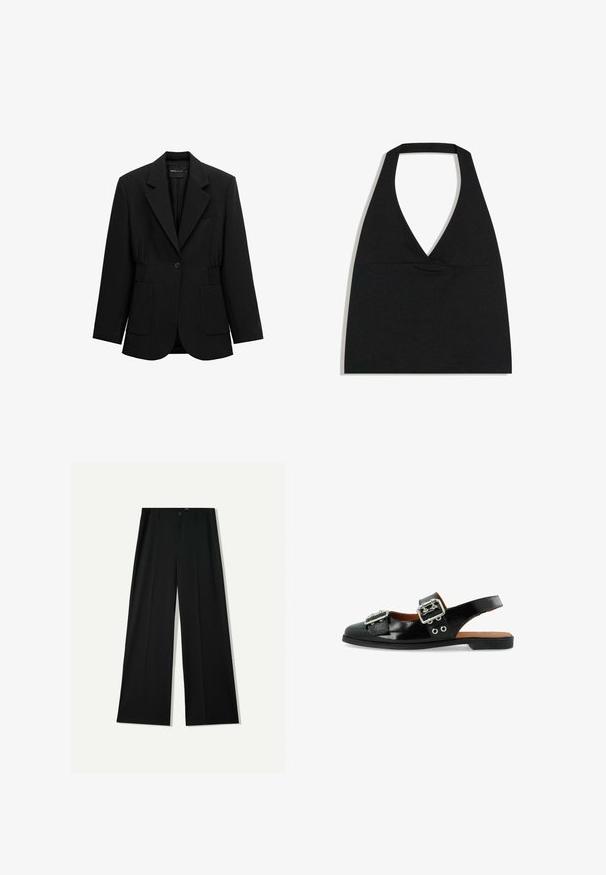 Zwarte blazer met één knoop, opstaand revers, twee voorzakken en taille met geplooide details, afgebeeld op een witte achtergrond.; Zwarte haltercrop top met diepe V-halslijn en brede nekband tegen een witte achtergrond.; Bershka WIDE - Broek - black; Zwarte gepatineerde leren slingback schoen met twee zilveren gespen, platte zool en decoratieve oogjes aan de zijkant voor extra detail.