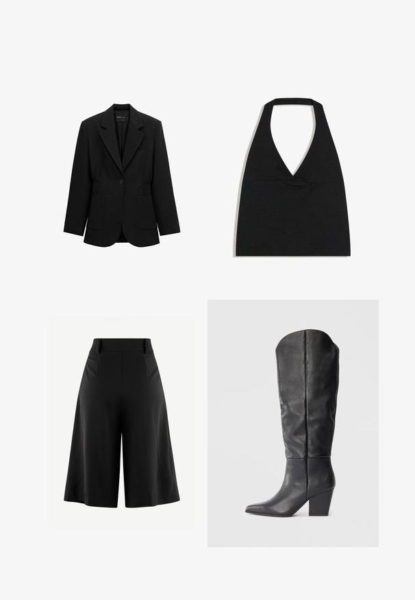 Schwarzer Blazer mit einem Knopf, Reverskragen, zwei aufgesetzten Taschen vorne und tailliertem Design, dargestellt auf weißem Hintergrund.; Schwarzes bauchfreies Top mit Neckholder und tiefem V-Ausschnitt sowie breitem Nackenriemen vor weißem Hintergrund.; Schwarzweite Beinhosen mit gefaltetem Vorderteil, hoher Taille und glattem Stofftextur. Verfügt über ein sauberes, minimales Design ohne sichtbare Beschläge.; Schwarze kniehohe Stiefel aus Leder mit spitzem Zeh und blockigem Absatz. Das Design zeichnet sich durch eine glatte Textur und minimalistische Linien aus.