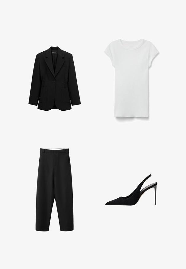 Sort enkelt-knap blazer med hakket revers, to forlommer med lapper og detaljeret taljesamling, vist på en hvid baggrund.; Hvid kortærmet ribbet T-shirt med rund hals, lagt fladt på hvid baggrund, viser forsiden og simpel afslappet stil.; Sorte bukser med lige ben, bæltestropper, frontlynlås og et rent, enkelt design, der passer til både formelt og afslappet brug.; Sort ruskind slingback højhælet sko med spids tå, tynd hæl og justerbar rem med guldtonet accent.