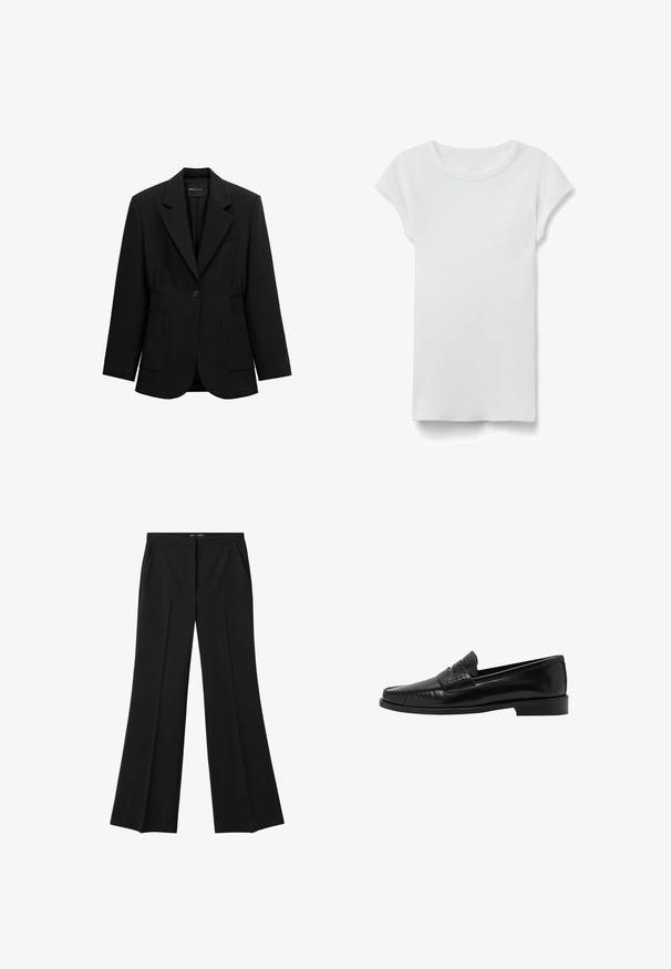 Blazer negro de un solo botón con solapas de muesca, dos bolsillos parche frontales y detalle de cintura fruncida, mostrado sobre un fondo blanco.; Camiseta blanca de manga corta con cuello redondo acanalado, colocada en plano sobre fondo blanco, mostrando el lado frontal y un estilo casual sencillo.; Pantalones negros de pierna acampanada hechos a medida, con costuras frontales y bolsillos laterales, diseñados para un aspecto formal o profesional.; Mango Zapatos sin cordones - black