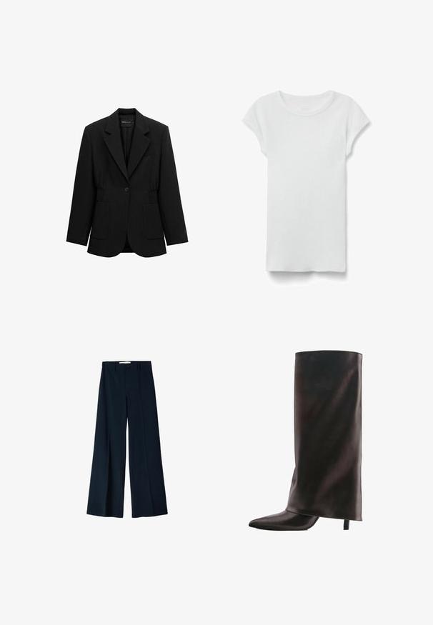 Blazer noir à un bouton avec revers crantés, deux poches plaquées avant et taille froncée, présenté sur un fond blanc.; T-shirt blanc à manches courtes, côtelé, col rond, posé à plat sur fond blanc, montrant le devant et un style simple et décontracté.; Pantalons larges navy en tissu lisse, dotés de deux plis avant et d'une fermeture à un bouton à la taille.; Botte haute noire en cuir avec un bout pointu et un talon fin de hauteur moyenne sur fond blanc.