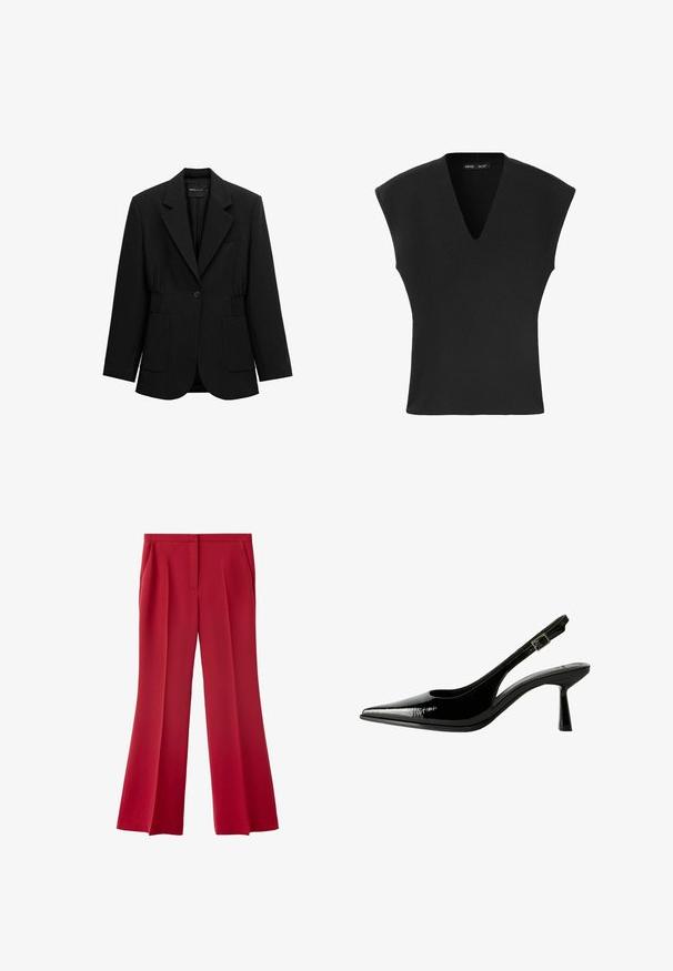 Blazer noir à un bouton avec revers crantés, deux poches plaquées avant et taille froncée, présenté sur un fond blanc.; Haut tricoté noir sans manches avec larges épaulières et col en V profond, présenté sur un fond blanc uni.; Pantalon rouge à jambes larges, sur mesure, avec poches latérales et fermeture avant cachée, présenté sur fond blanc.; Racine à talon en cuir verni noir avec un nez pointu, des côtés découpés, une bride de cheville ajustable et un talon fin et élégant.