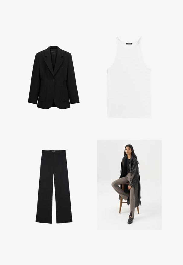 Zwarte blazer met één knoop, opstaand revers, twee voorzakken en taille met geplooide details, afgebeeld op een witte achtergrond.; Witte mouwloze tanktop met dunne bandjes en een hoge halslijn, plat gelegd op een witte achtergrond.; Zwarte broek met wijde pijpen, knoop- en ritssluiting, broekriemlussen en een gladde, op maat gemaakte afwerking.; Zwarte leren trenchcoat met knopen en riemdetails, gecombineerd met lichtbruine getailleerde broek en zwarte loafers, zittend op een houten kruk.