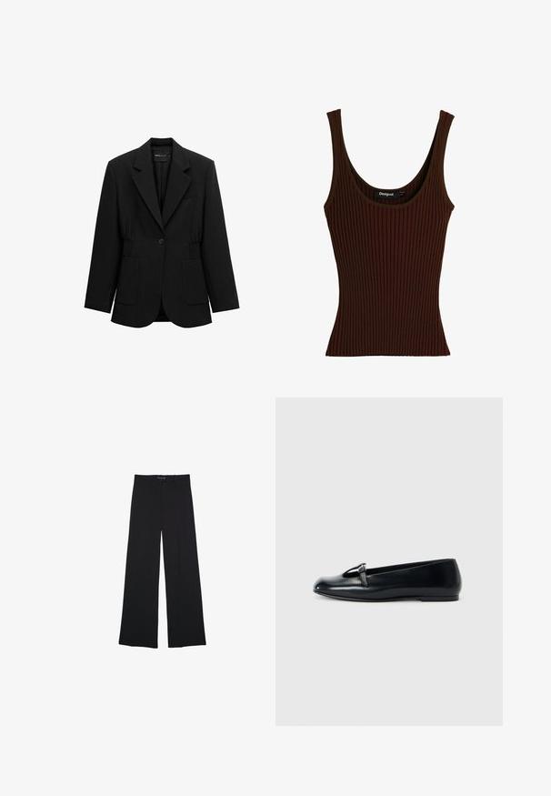 Sort enkelt-knap blazer med hakket revers, to forlommer med lapper og detaljeret taljesamling, vist på en hvid baggrund.; Ærmeløs, ribstrikket tanktop i mørkebrun med rund halsudskæring og Desigual-mærke indeni kraven, størrelse medium.; Sorte bredbenede bukser lavet af et glat stof. Har en klassisk pasform, forlommer og en talje med knaplukning.; Sorte læder-balletsko med rund tå, med et udskæringsdesign og lille sølvspænde som accent. Flad sål for komfort.