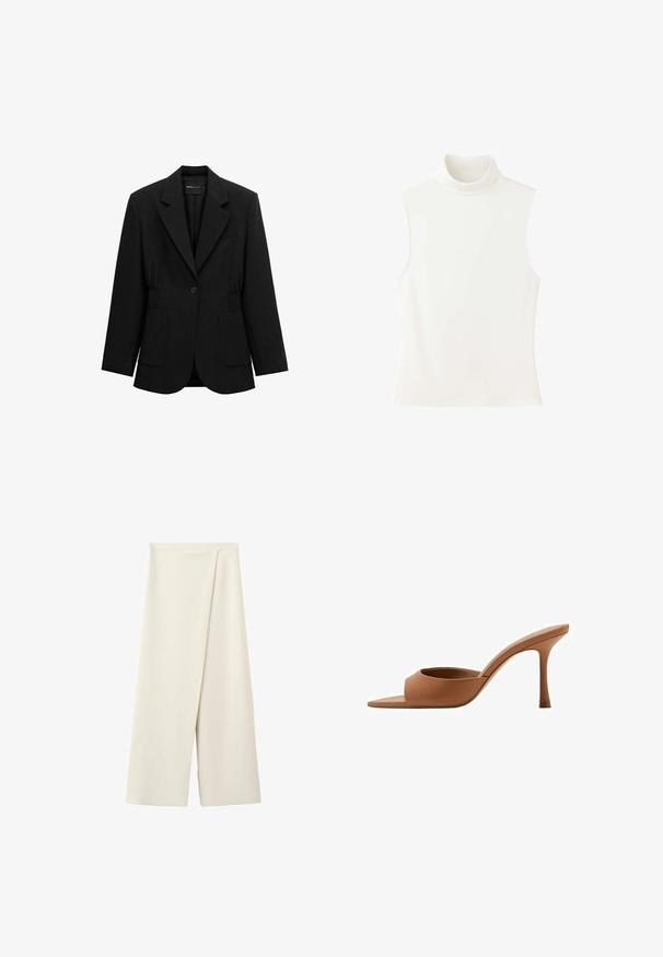 Blazer noir à un bouton avec revers crantés, deux poches plaquées avant et taille froncée, présenté sur un fond blanc.; Haut sans manches blanc à col roulé avec une coupe ajustée et un col montant, présenté sur un fond blanc uni.; Pantalon large couleur crème avec une taille haute et un détail de panneau avant superposé.; Mule ouverte en cuir marron avec un talon haut fin et une large bride à l'avant, vue de profil sur fond blanc.