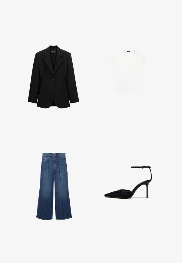 Sort enkelt-knap blazer med hakket revers, to forlommer med lapper og detaljeret taljesamling, vist på en hvid baggrund.; Hvid bomulds t-shirt med rund halsudskæring og korte ærmer. Enkel design, ingen mønstre eller accenter. Blød, glat tekstur.; Viddejeans i mørkeblå denim med høj talje, bæltesløjfer og klassisk fem-lomme design. Afsluttet med en ren kant.; Sort højhælet pumpe med spids tå, netdetaljer på siderne og tynd ankelrem med spænde.