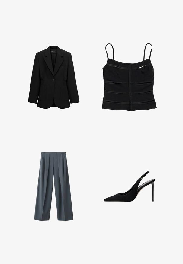 Blazer negro de un solo botón con solapas de muesca, dos bolsillos parche frontales y detalle de cintura fruncida, mostrado sobre un fondo blanco.; Top corto negro ajustado con tirantes finos y detalles de costuras horizontales en la tela.; Pantalones anchos gris oscuro con pliegues delanteros y bolsillos laterales, mostrados sobre un fondo blanco.; Zapato de tacón alto negro de ante con punta afilada, tacón delgado y correa ajustable con acentos en tono dorado.