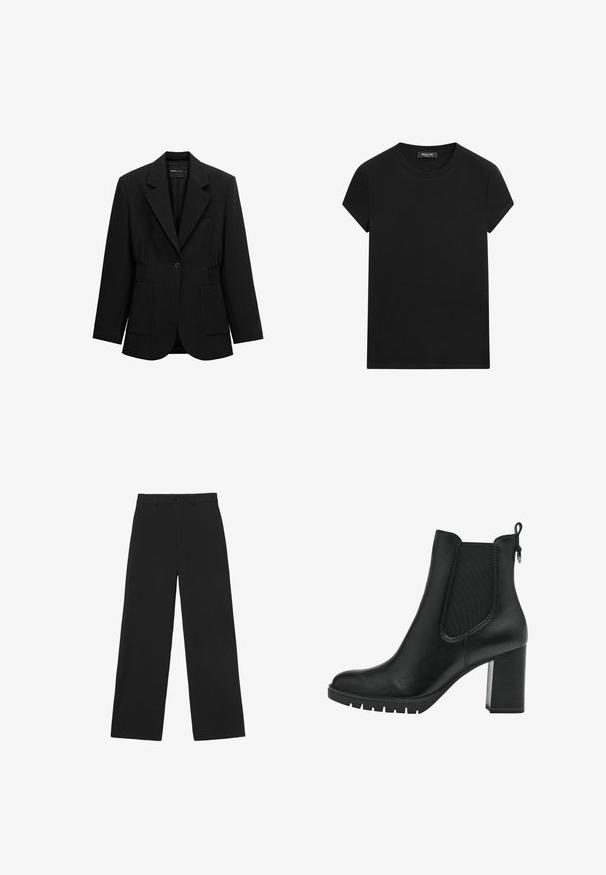 Sort enkelt-knap blazer med hakket revers, to forlommer med lapper og detaljeret taljesamling, vist på en hvid baggrund.; Sort T-shirt med korte ærmer og rund hals med synligt mærke i halsudskæringen, centralt placeret på en hvid baggrund.; Sorte bukser med vidde i benene, med knap og bæltestropper, med en klassisk høj talje og skræddersyet pasform.; Tamaris CHELSEA - Plateaustøvletter - black