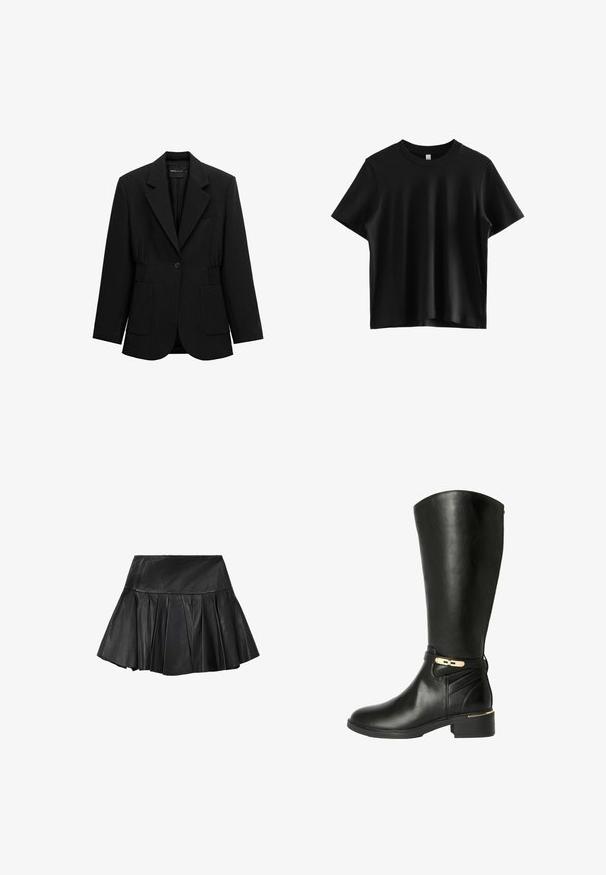 Sort enkelt-knap blazer med hakket revers, to forlommer med lapper og detaljeret taljesamling, vist på en hvid baggrund.; Sort kortærmet t-shirt lavet af glat stof; har en klassisk rund halsudskæring og en afslappet pasform uden synlige logoer eller dekorationer.; Sort plisseret lædernederdel i minilængde med bred linning, klokkeformet silhuet og glat tekstur.; Sorte knæhøje støvler i glat læder med en guld-tone accent og spænde. Har en blokhæl og detaljeret syning på siden.