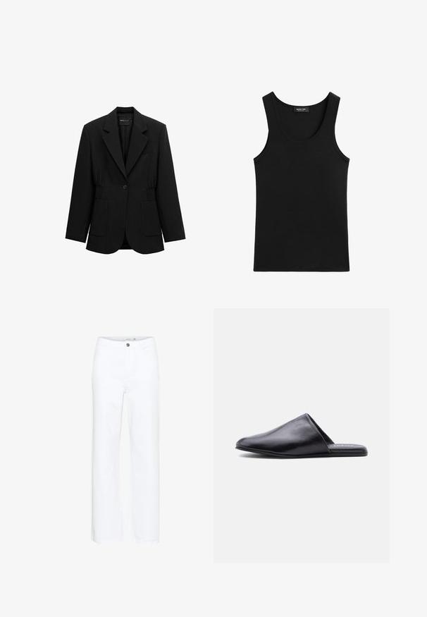 Blazer noir à un bouton avec revers crantés, deux poches plaquées avant et taille froncée, présenté sur un fond blanc.; Débardeur noir sans manches à encolure ronde, en tissu lisse, avec une petite étiquette de marque à l'intérieur du col.; Jeans blancs à jambes larges en denim. Présentent une fermeture à bouton et un design traditionnel à cinq poches. Texture lisse avec une finition soignée.; Mule en cuir noir à enfiler, avec un bout pointu et une semelle plate, présenté de profil sur un fond blanc.