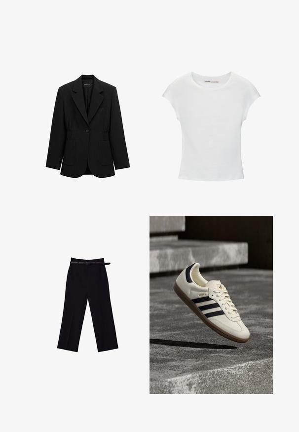 Blazer noir à un bouton avec revers crantés, deux poches plaquées avant et taille froncée, présenté sur un fond blanc.; T-shirt en coton blanc avec manches courtes retroussées, encolure ronde et ourlet droit. Texture lisse sans motifs ni accents visibles.; Pantalons larges noirs avec une texture lisse. Dotés d'une taille ajustée, de passants de ceinture et de poches avant.; Baskets blanches Adidas Samba avec des bandes noires et une semelle en gomme, flottant au-dessus de marches en béton gris texturé.